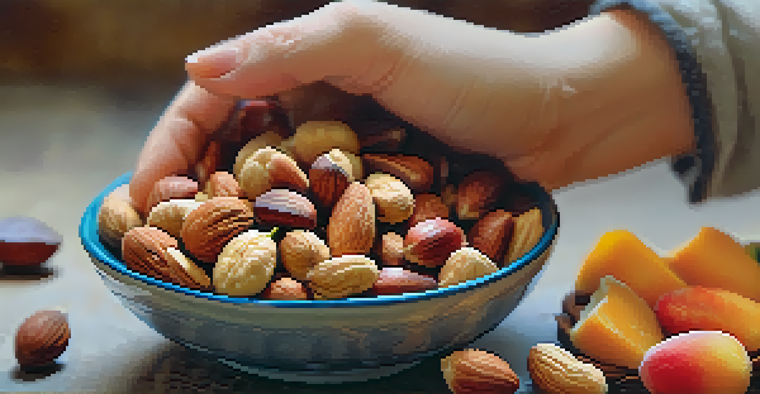 A close-up view of a hand holding a mix of nuts and fresh fruit, highlighting the textures and colors of the healthy snack.