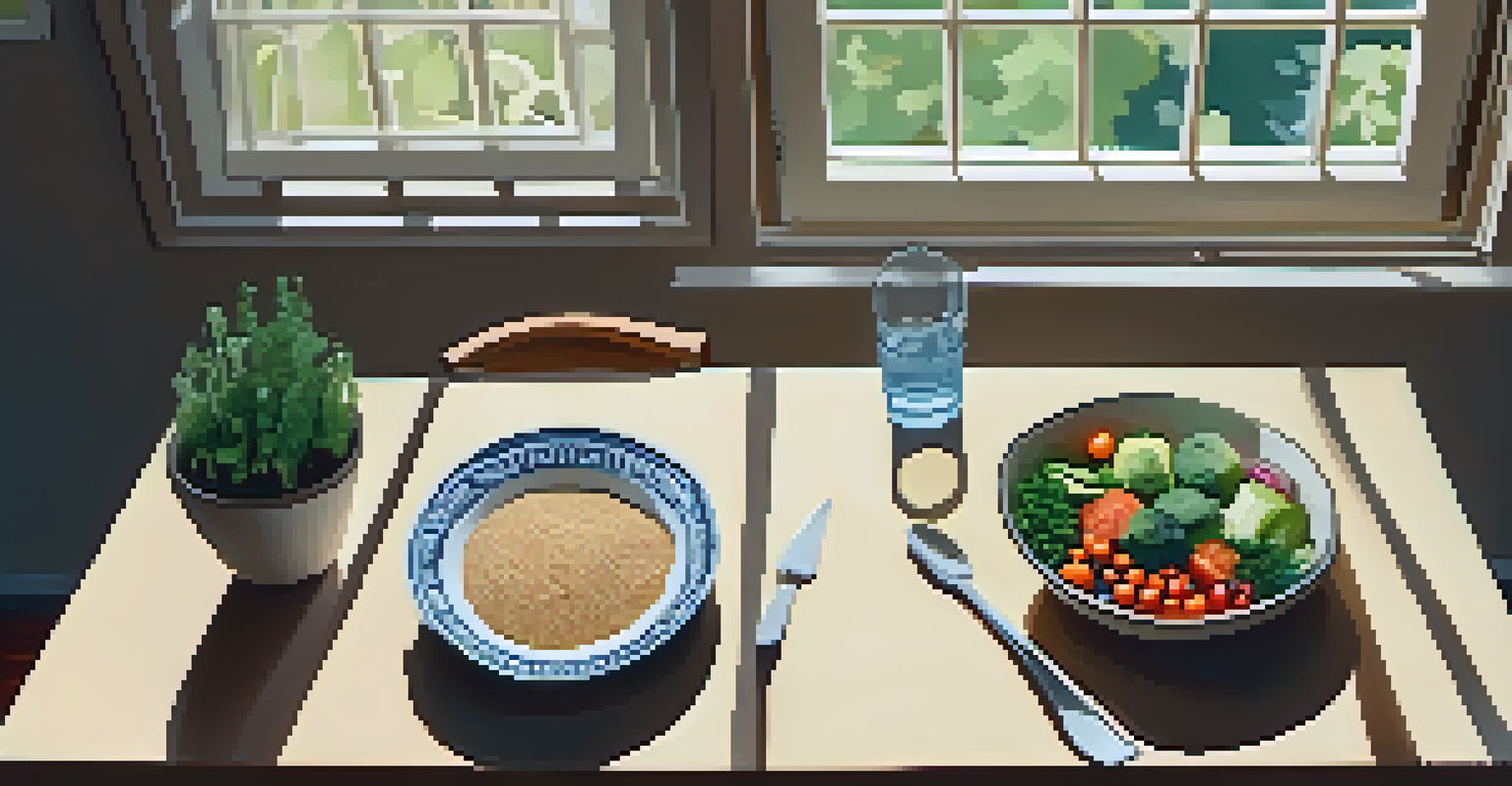 An overhead view of a kitchen table set with a bowl of whole grains, a plate of vegetables, and a glass of water, illuminated by soft natural light.