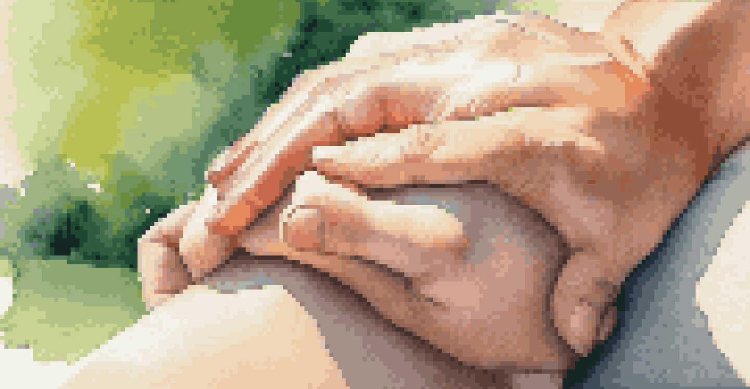 A close-up of a supportive hand on a shoulder in a serene park setting, symbolizing empathy and connection.