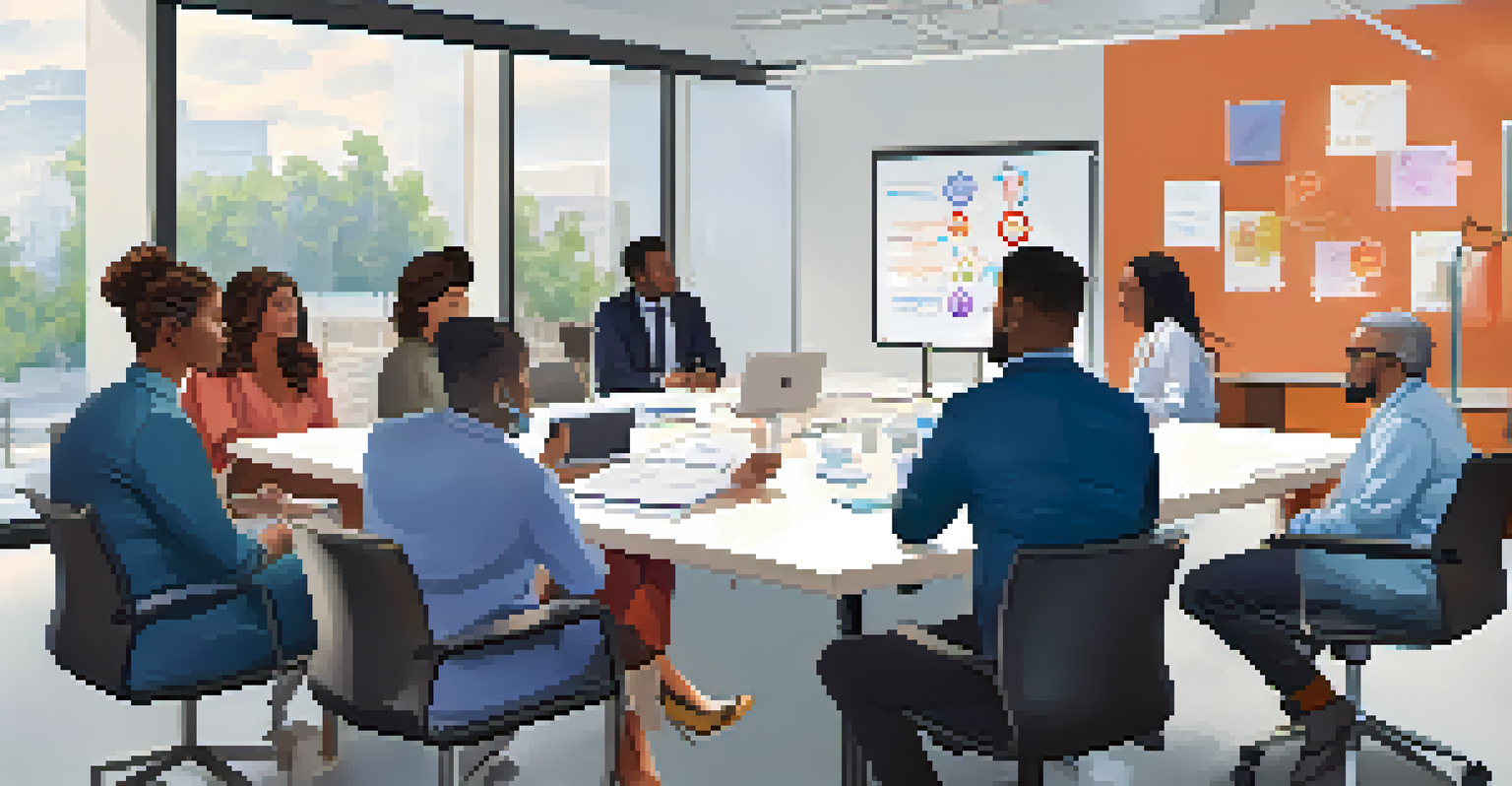 A diverse group of healthcare professionals in a modern office discussing inclusive healthcare policies around a table, with a whiteboard filled with ideas.