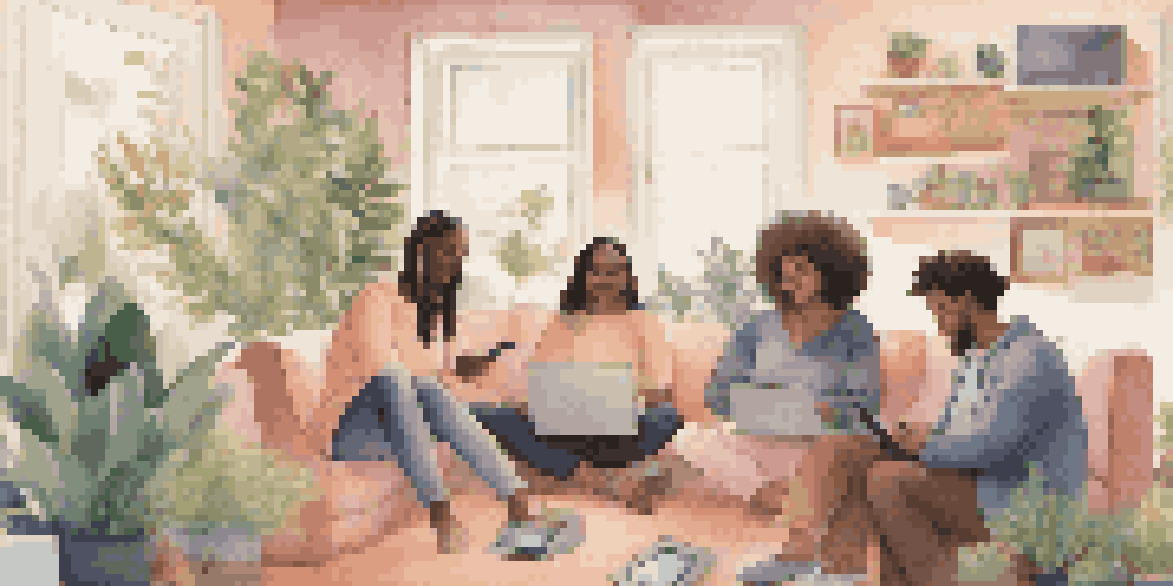 A diverse group of individuals participating in an online support group through video chat, surrounded by cozy environments and warm lighting.