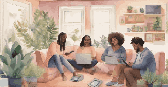 A diverse group of individuals participating in an online support group through video chat, surrounded by cozy environments and warm lighting.