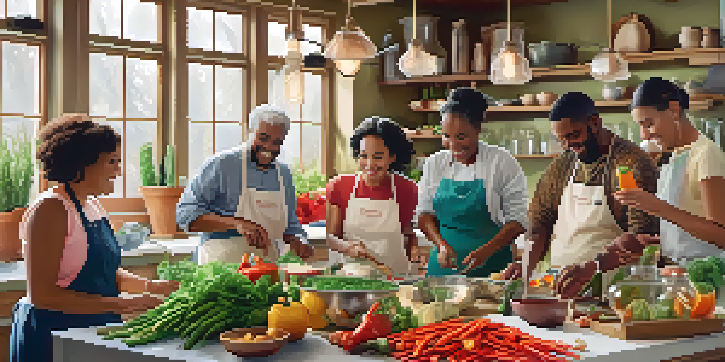 A lively cooking workshop with a diverse group of people happily preparing healthy meals in a bright kitchen filled with fresh ingredients.