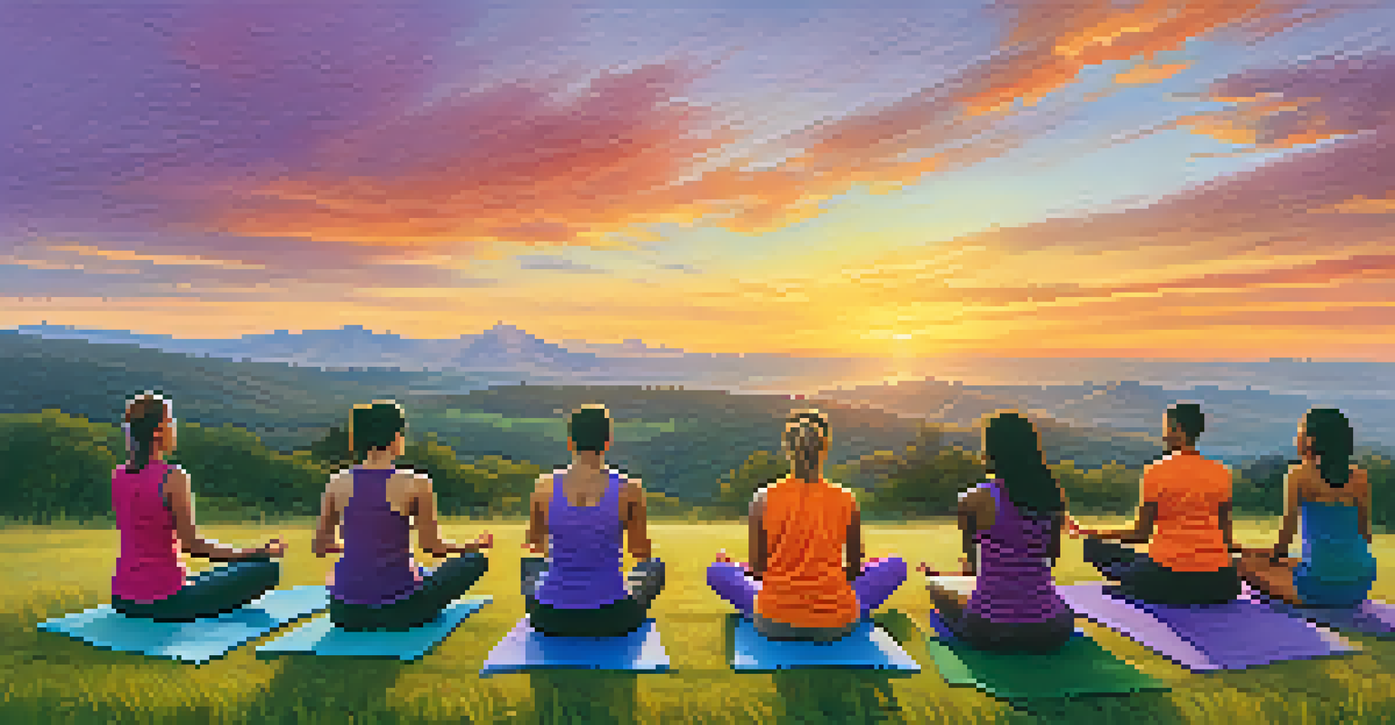 A group of people practicing yoga outdoors at sunset, showcasing unity and happiness.