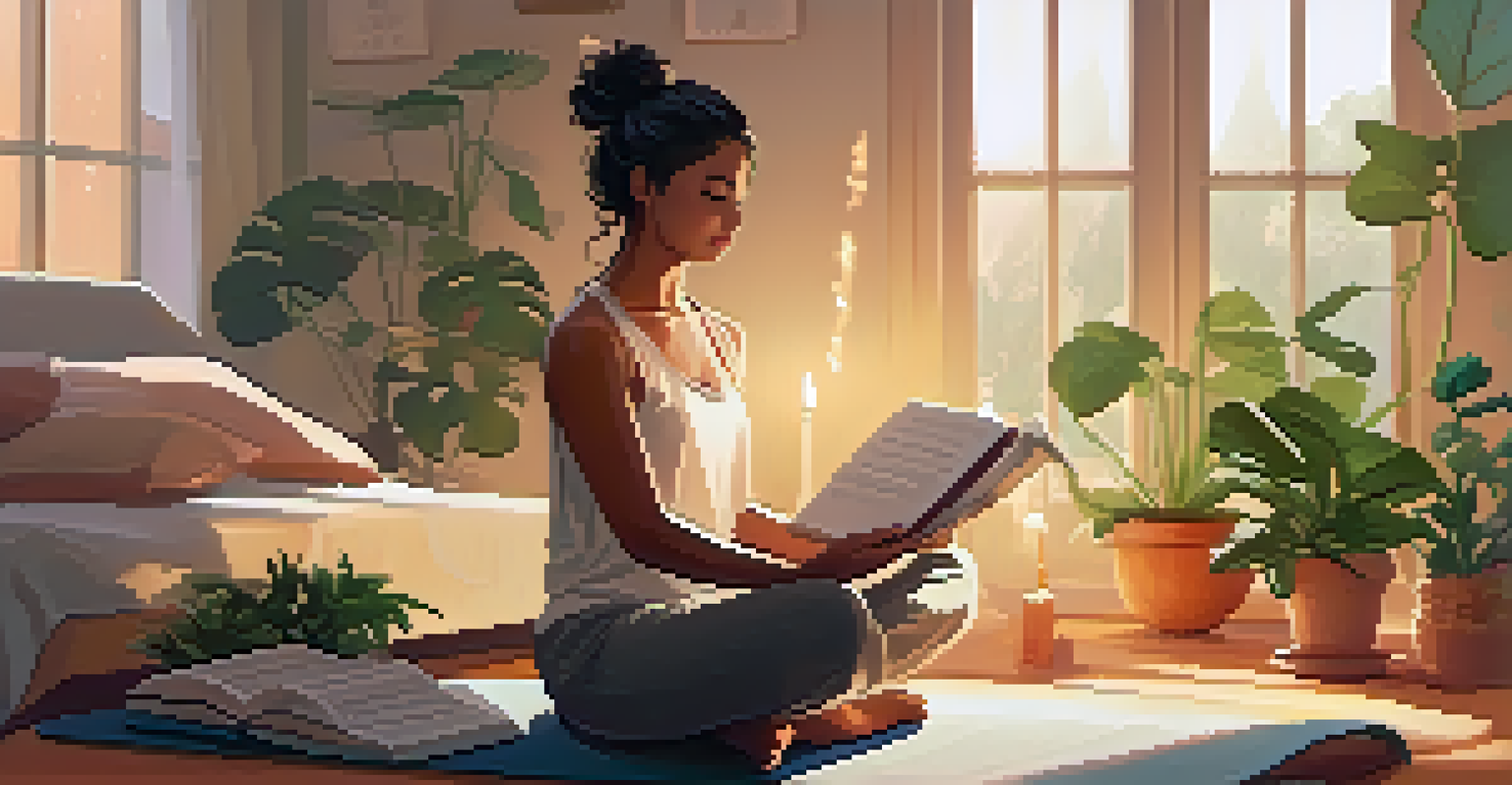 A person meditating in a cozy, plant-filled room, surrounded by candles and a book, promoting a peaceful bedtime routine.