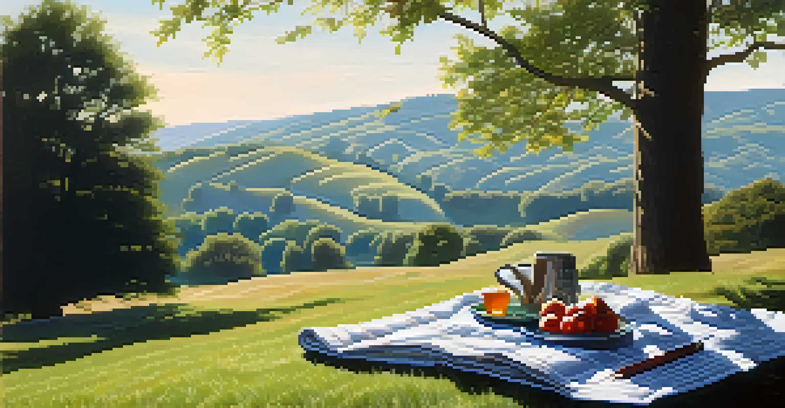 An outdoor setting with a picnic blanket, an open journal, and a scenic view of hills and trees under sunlight.