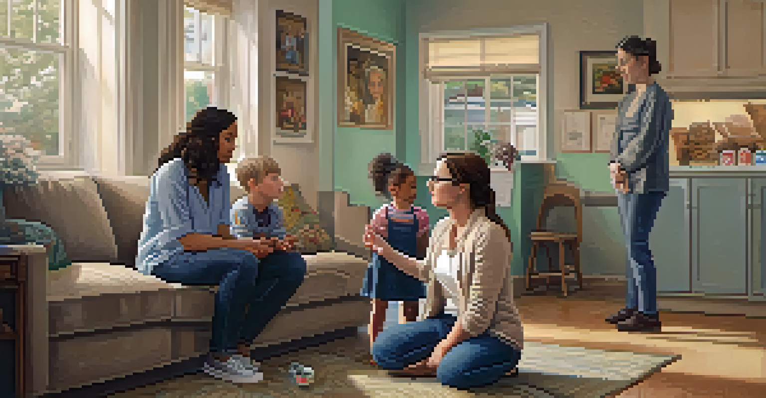 A social worker engaging with a distressed family, showing empathy in a warm home setting.