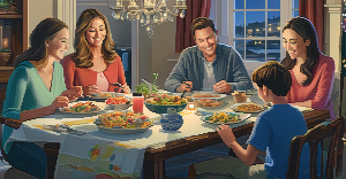 A family sitting around a dinner table, writing in a journal while sharing stories, with a cozy and inviting ambiance.