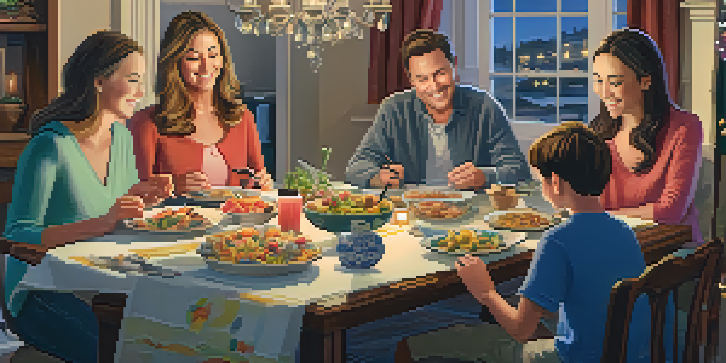 A family sitting around a dinner table, writing in a journal while sharing stories, with a cozy and inviting ambiance.