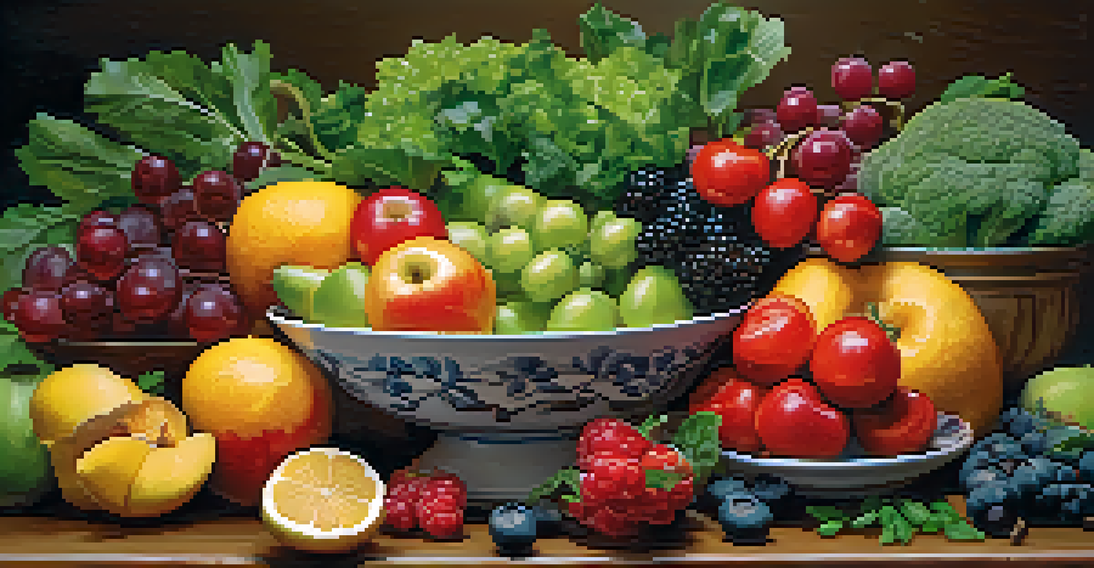 A colorful plate of healthy foods, including fruits and vegetables, displayed on a wooden table, showcasing freshness and nutrition.
