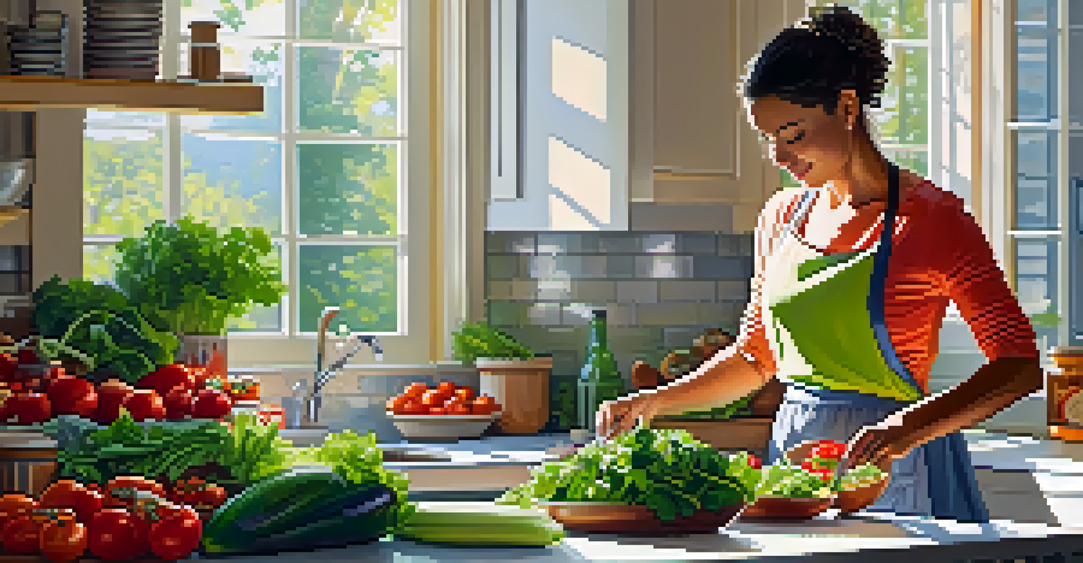 A woman preparing a colorful salad in a bright kitchen filled with fresh vegetables.