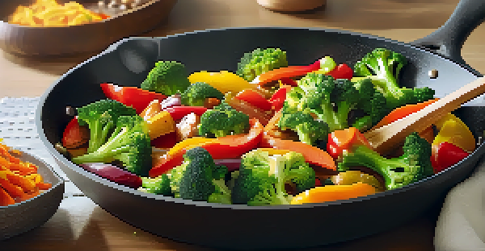 A colorful vegetable stir-fry in a skillet with steam rising, featuring bell peppers and broccoli in a cozy kitchen.