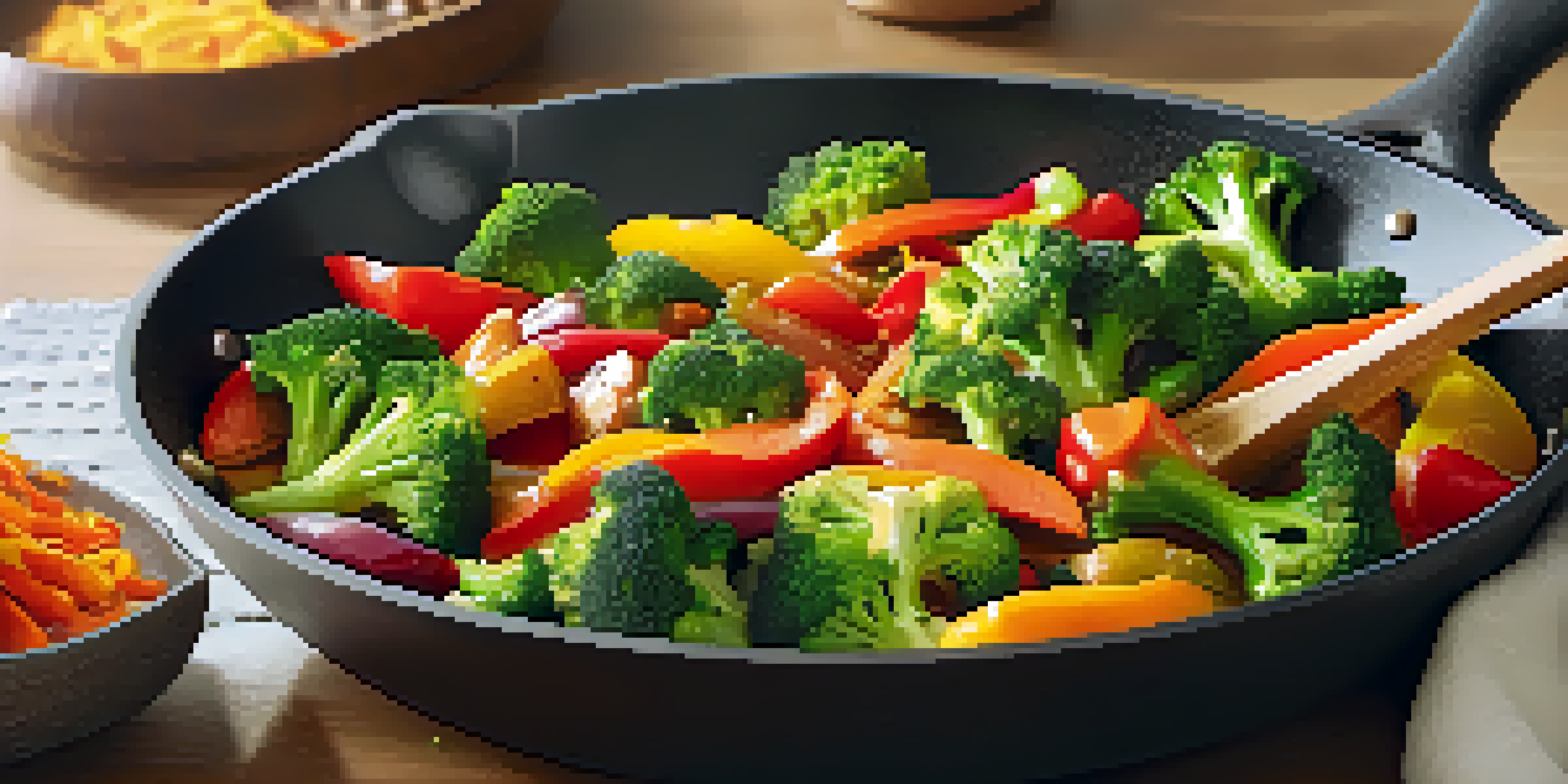 A colorful vegetable stir-fry in a skillet with steam rising, featuring bell peppers and broccoli in a cozy kitchen.