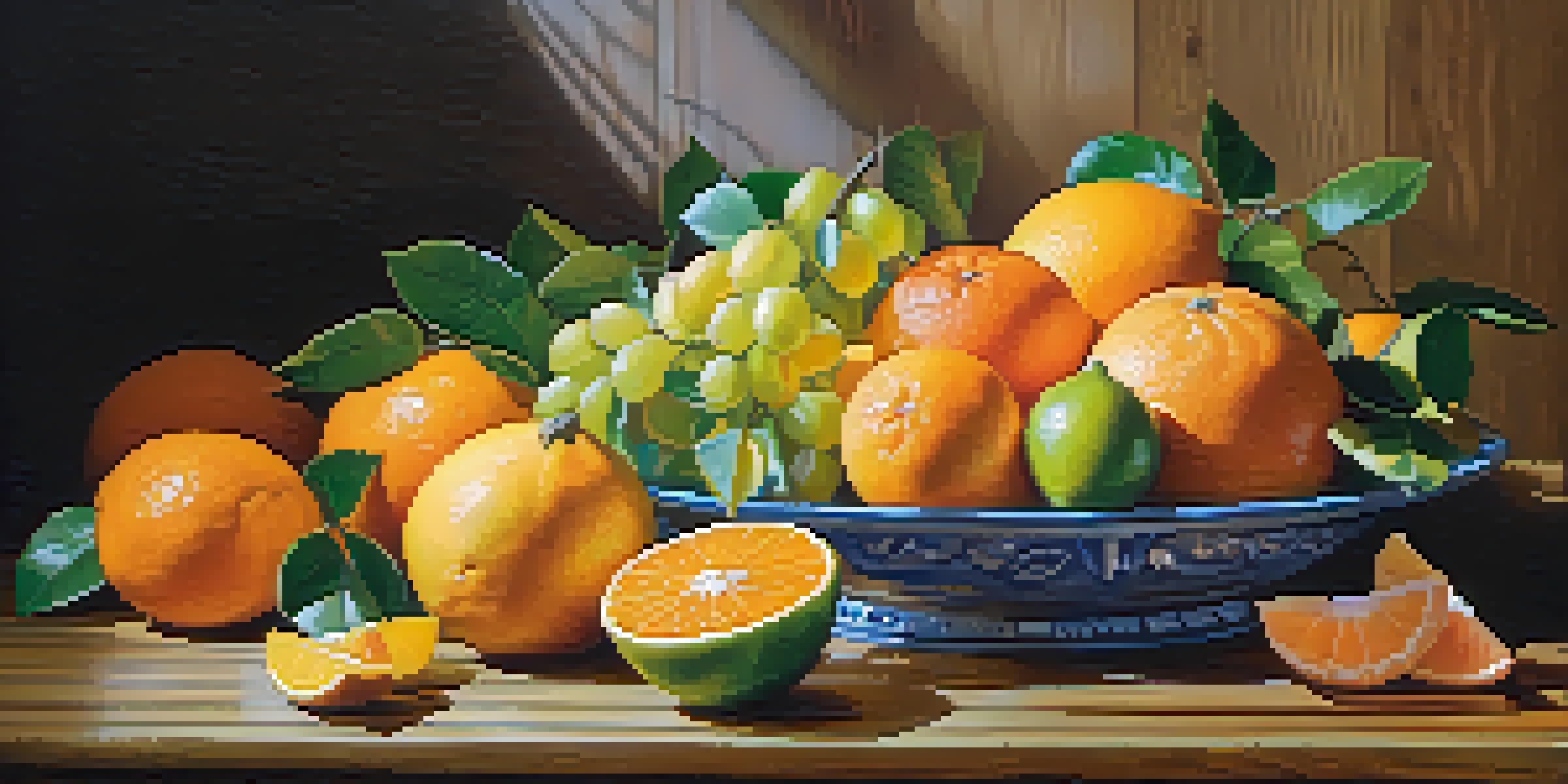 A colorful arrangement of citrus fruits like oranges, lemons, and grapefruits on a wooden table, illuminated by soft light.