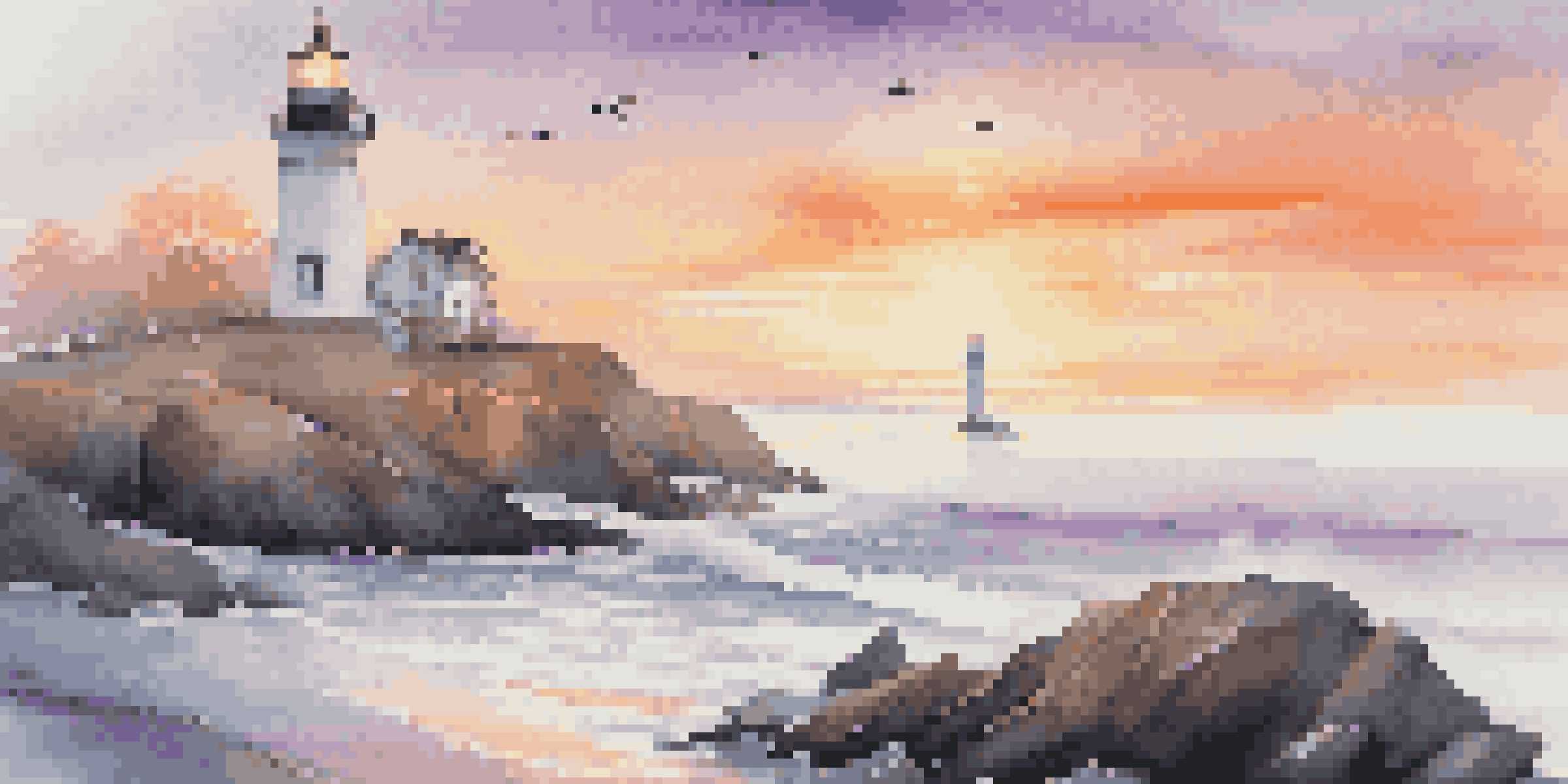 A lighthouse on a rocky coastline surrounded by fog, illuminated by golden light during a sunset.
