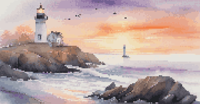 A lighthouse on a rocky coastline surrounded by fog, illuminated by golden light during a sunset.
