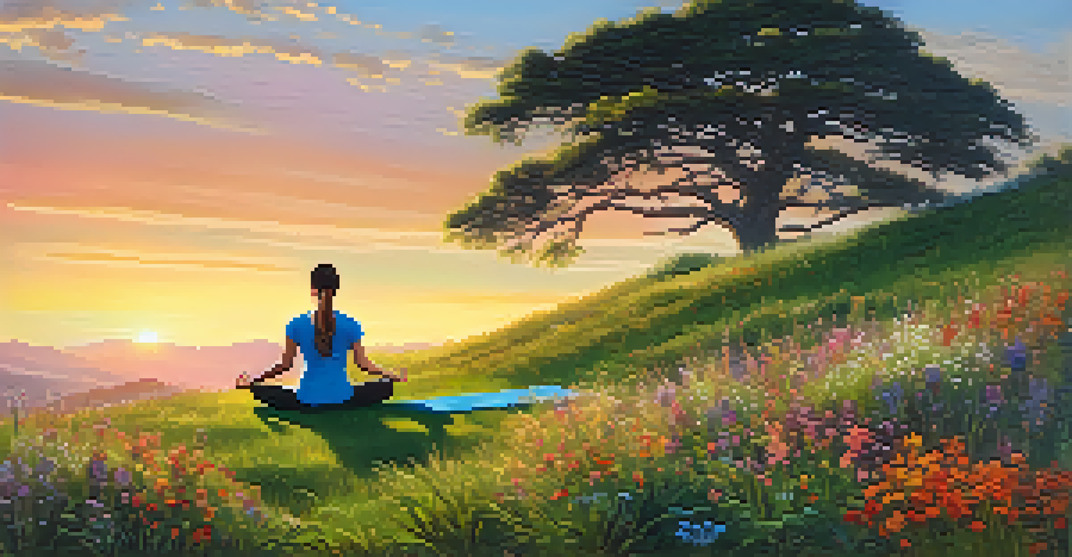 A person practicing yoga on a hillside at sunset, surrounded by wildflowers, representing mindfulness and stress relief.