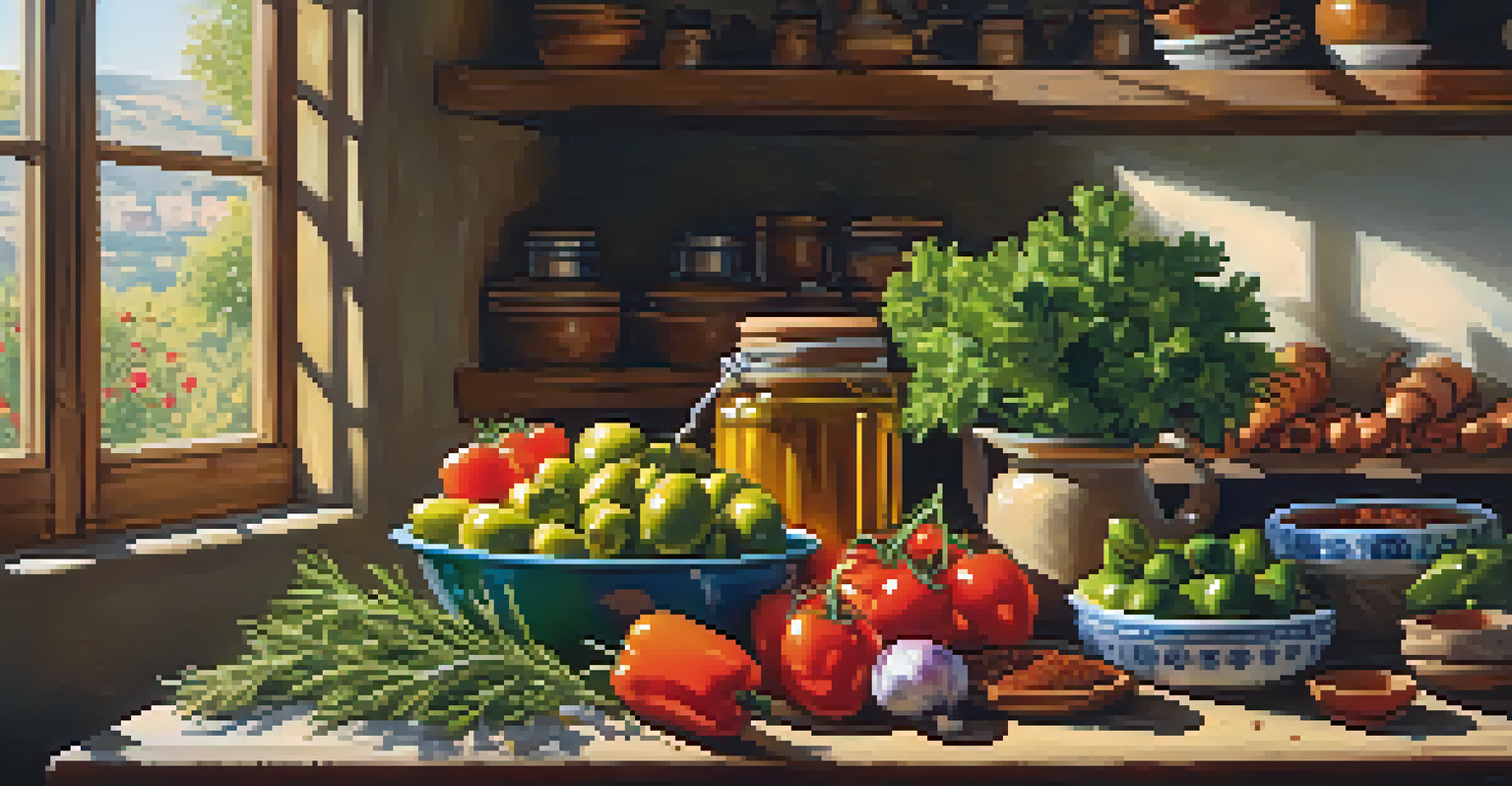 A bright kitchen scene showcasing Mediterranean ingredients like fresh vegetables and olive oil on a wooden table, illuminated by sunlight.