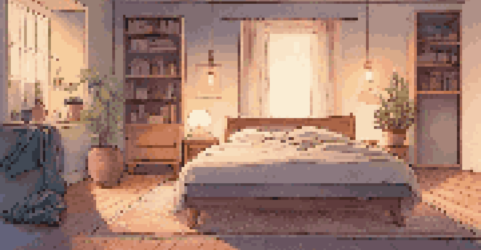 A serene bedroom at night with a person meditating beside a bed, surrounded by candles and plants in soft lighting.
