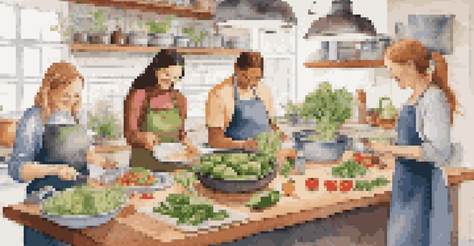 A group cooking class in a kitchen, with people preparing healthy food together, creating a vibrant and collaborative environment.