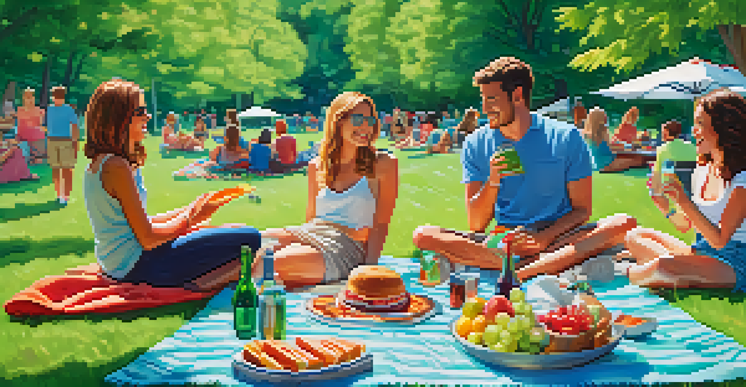 A group of friends having a cheerful picnic in a park, sitting on a blanket with food and drinks, surrounded by greenery and sunshine.