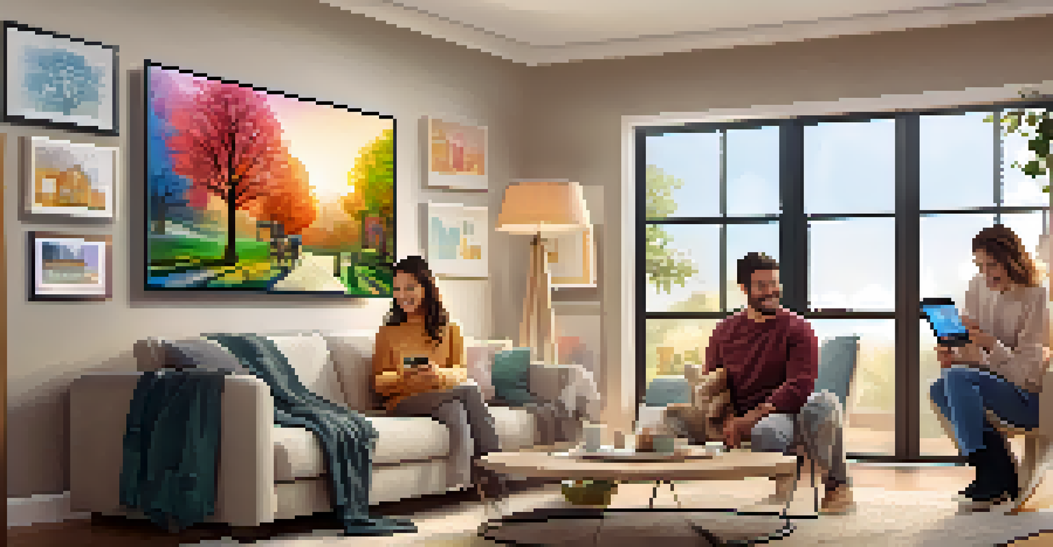 A family in a living room using a mobile app to create a digital family health tree, showcasing warmth and connection.