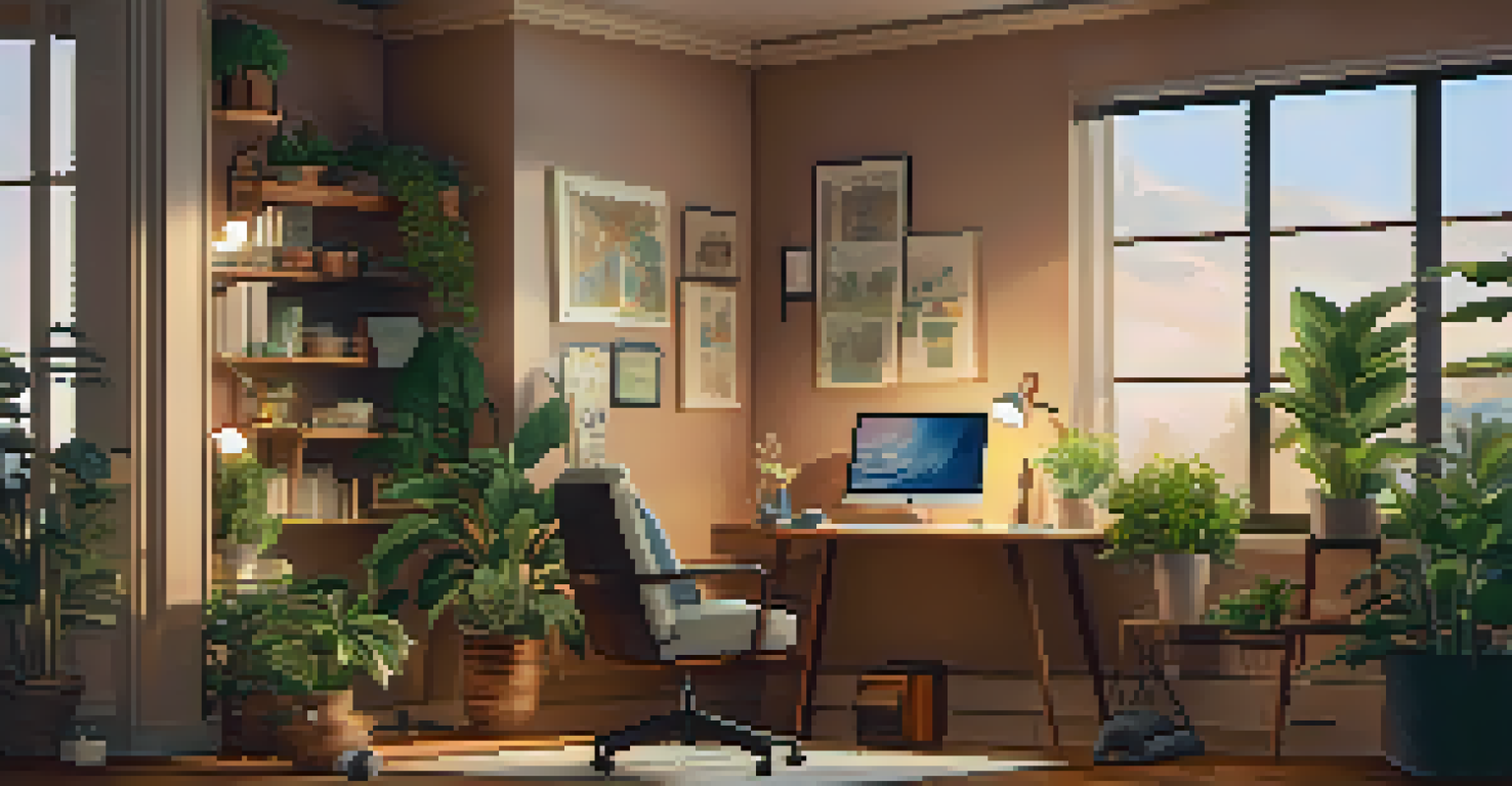 An individual in a cozy home office participating in a video call with a mental health professional, surrounded by plants and calming decor.
