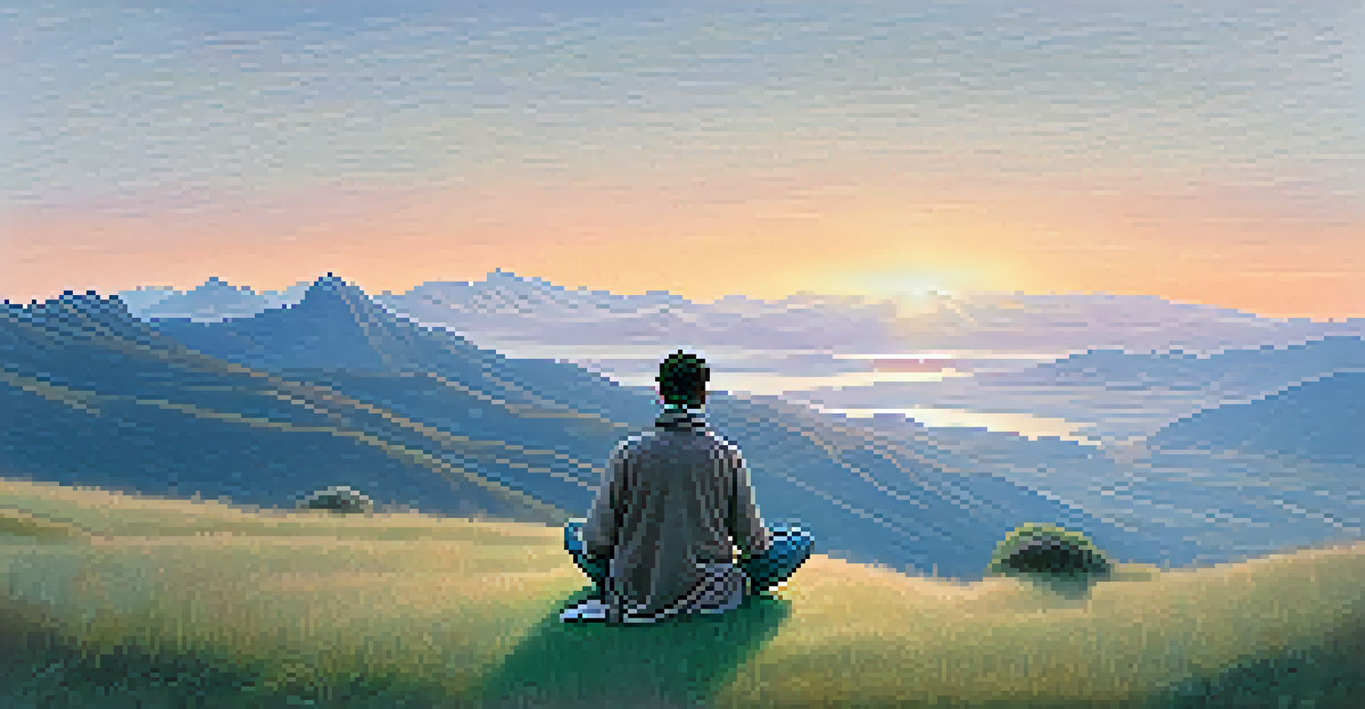 A person meditating on a hilltop at sunrise, surrounded by mountains and soft pastel skies.