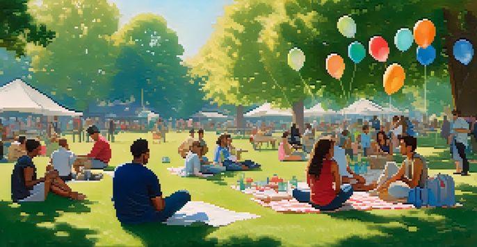 A diverse group of people sitting together in a park, engaged in conversations under the shade of trees, with sunlight filtering through the leaves.
