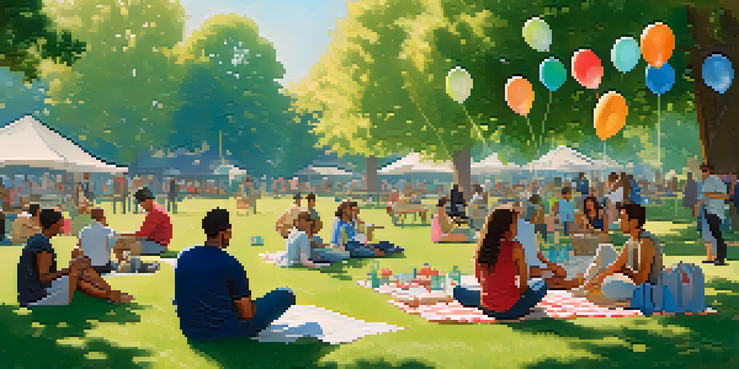 A diverse group of people sitting together in a park, engaged in conversations under the shade of trees, with sunlight filtering through the leaves.