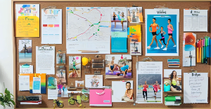A fitness goals vision board on a corkboard filled with images of athletes and motivational quotes, surrounded by crafting materials.