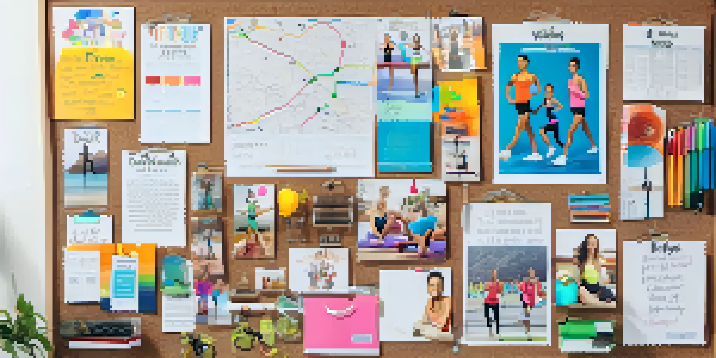 A fitness goals vision board on a corkboard filled with images of athletes and motivational quotes, surrounded by crafting materials.