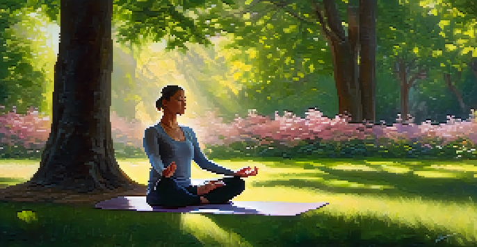 A person practicing yoga in a peaceful park, with greenery and sunlight creating a tranquil atmosphere.