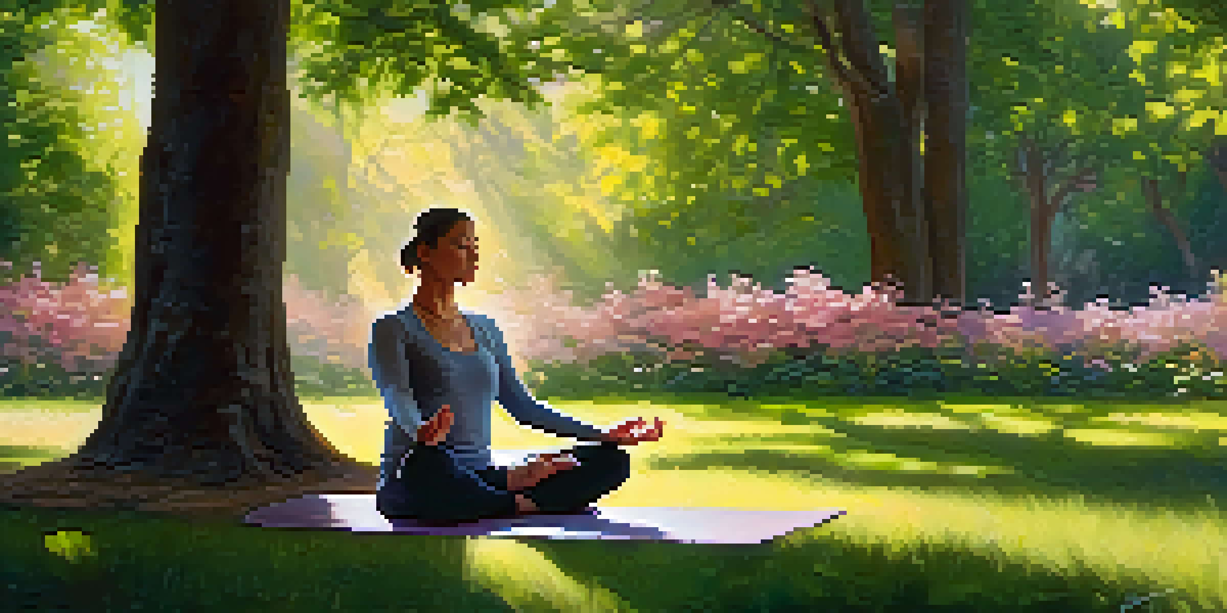 A person practicing yoga in a peaceful park, with greenery and sunlight creating a tranquil atmosphere.