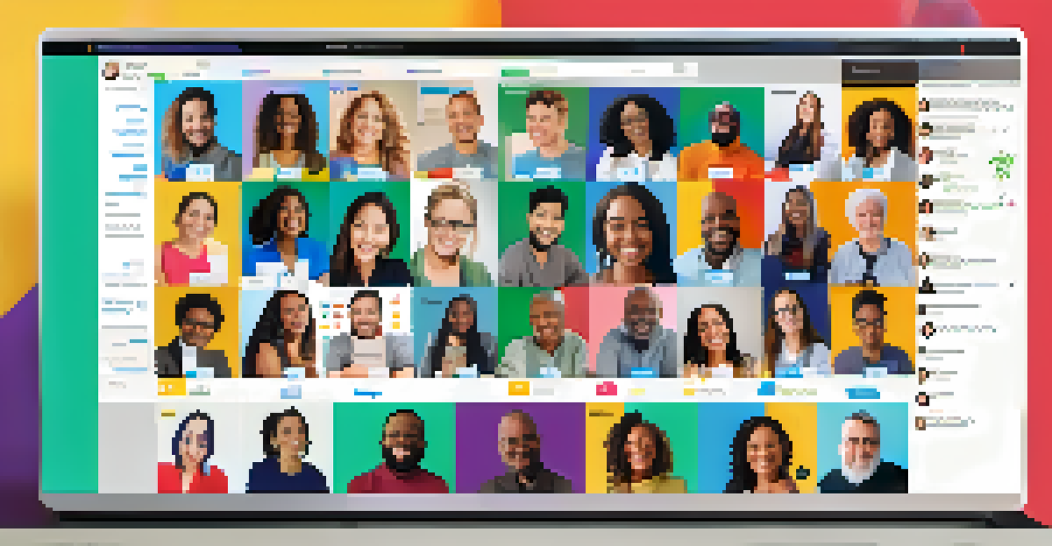 Illustration of an online support group meeting with diverse individuals smiling and engaging on a computer screen.