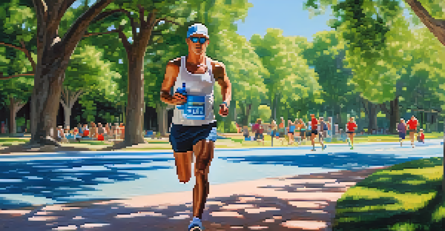 A determined athlete taking a hydration break during a long run, holding a bright electrolyte drink in a green park with trees.