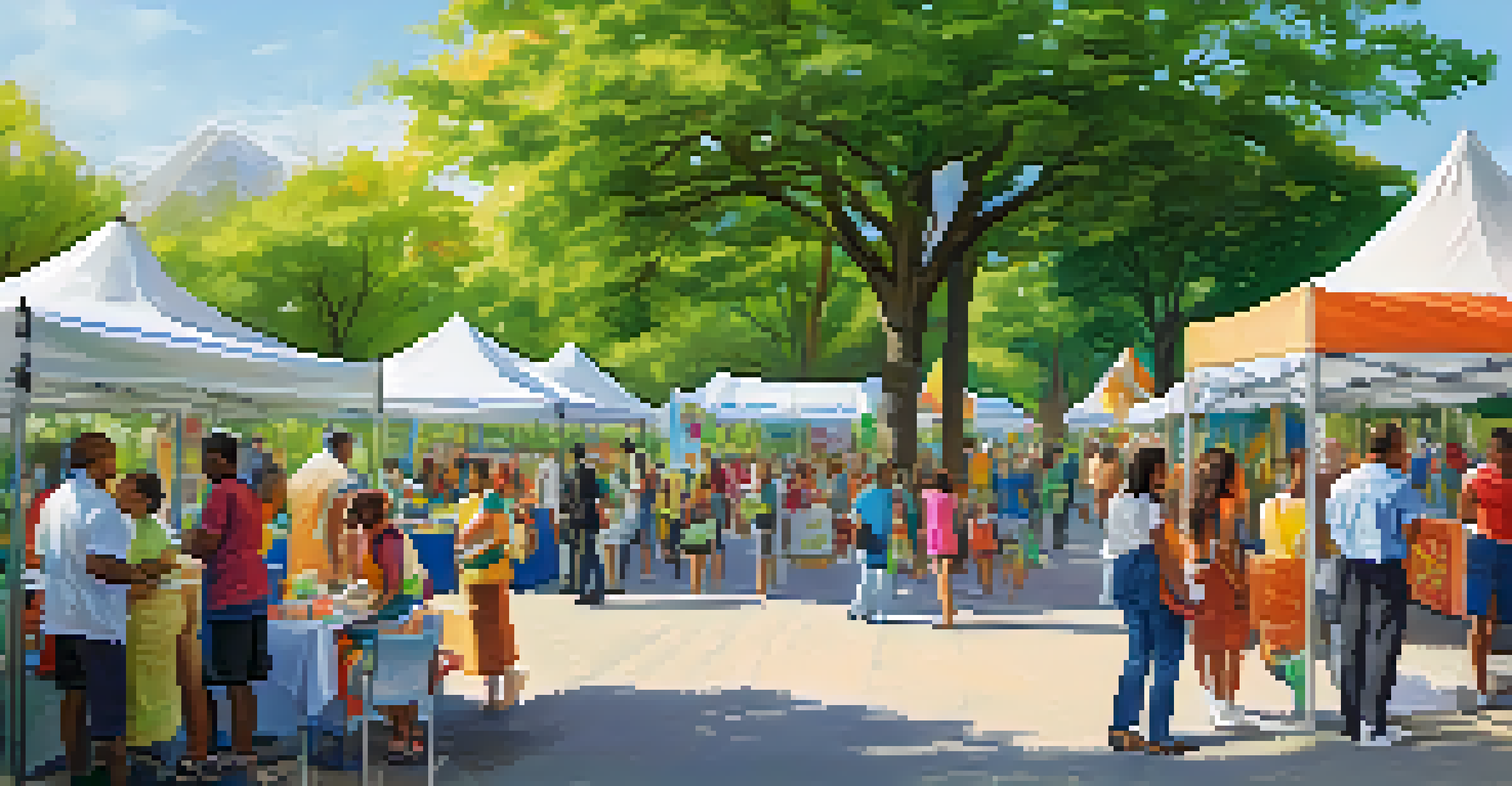 A lively health fair in a park, showcasing diverse individuals engaging with health professionals and exploring informational booths.