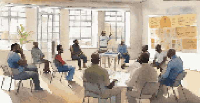 A community health workshop where diverse men are engaged in discussions, with a facilitator presenting information.