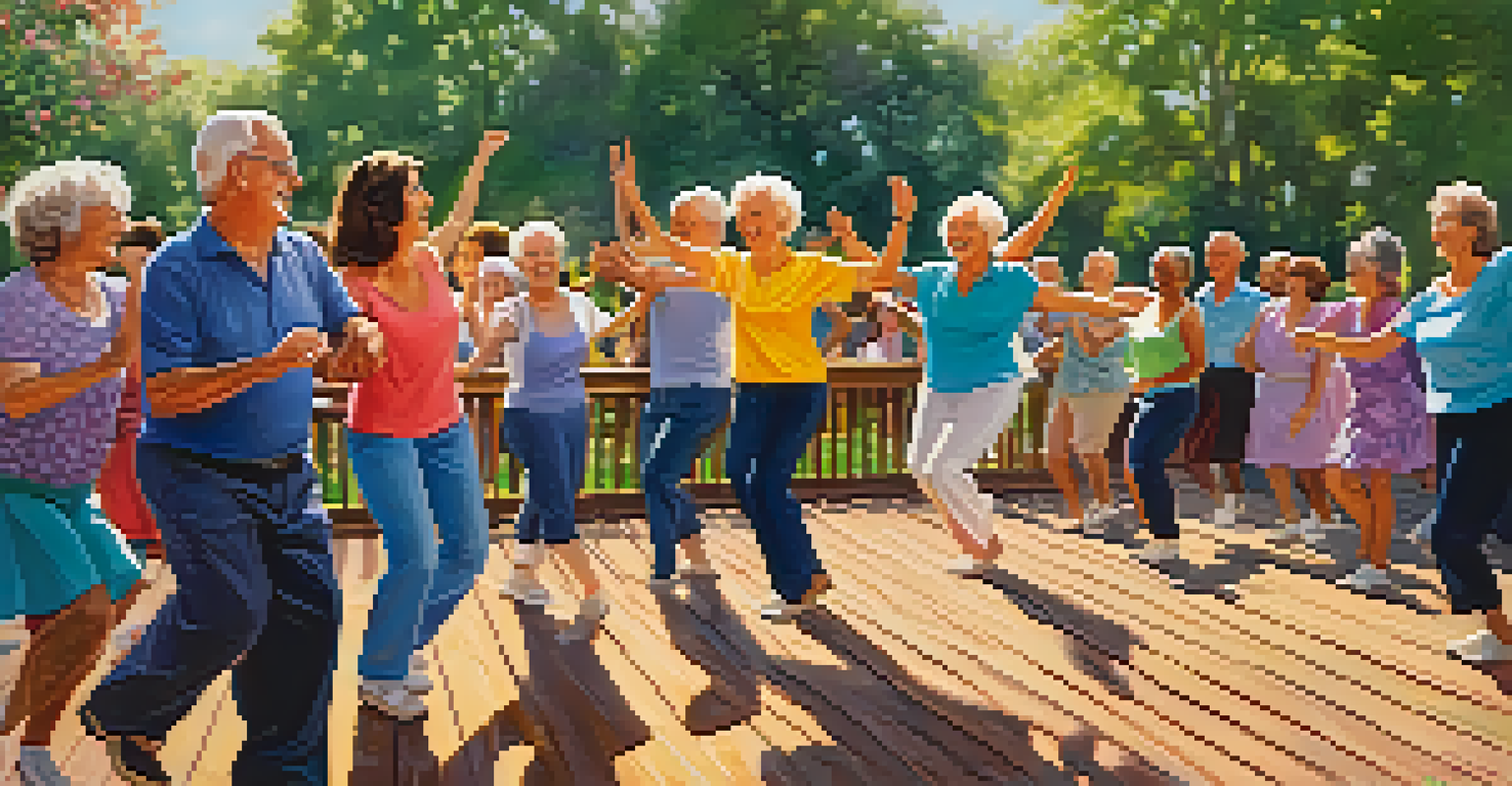 Seniors enjoying an outdoor dance class in a park, dancing energetically surrounded by nature.