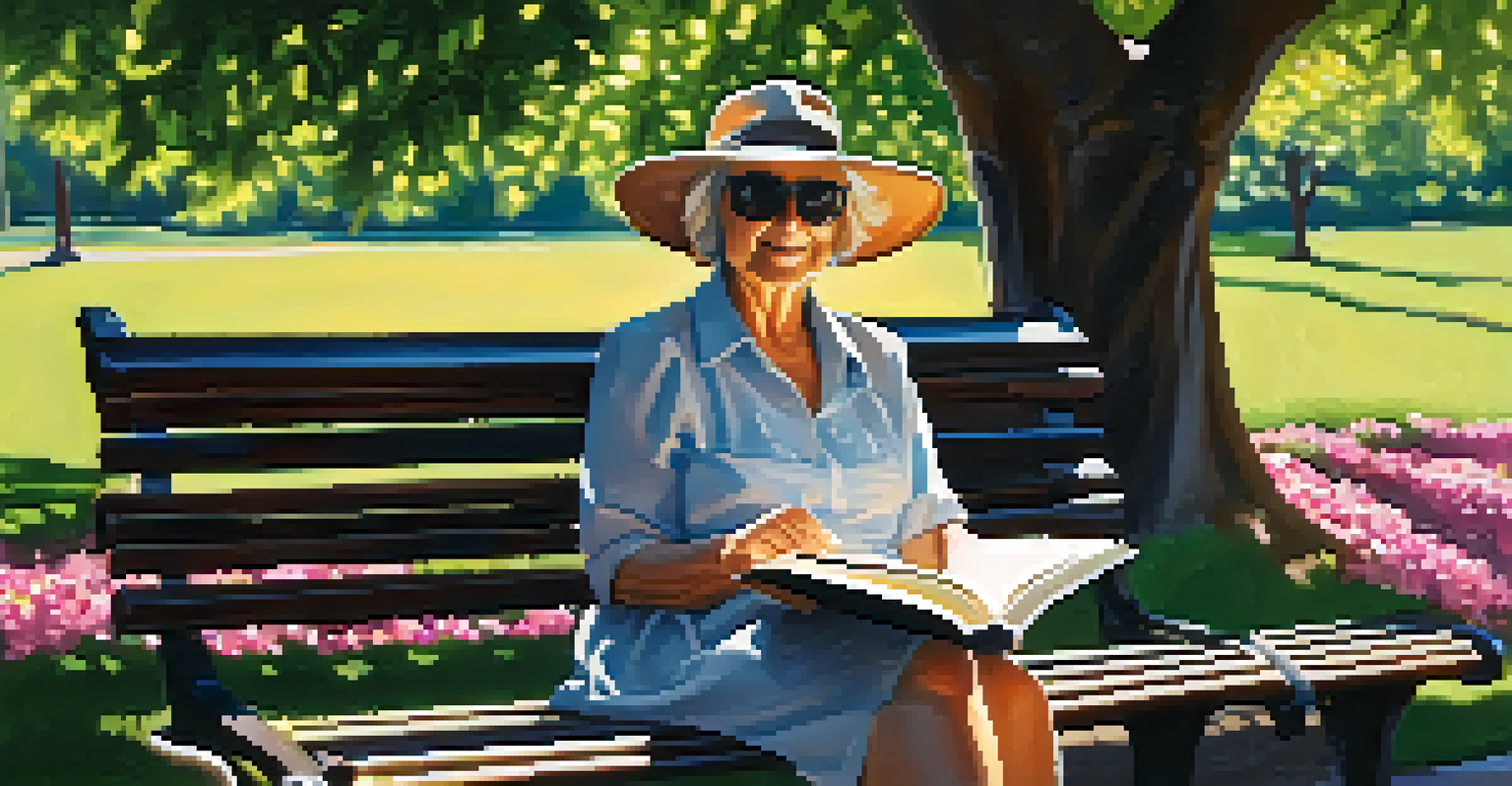An older adult wearing sunglasses, reading a book on a park bench under a tree, surrounded by colorful flowers.