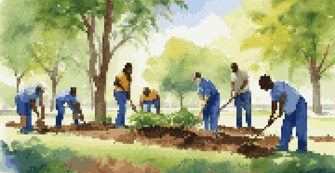 A diverse group of employees joyfully participating in a tree-planting volunteer project in a sunny park, highlighting teamwork and community engagement.