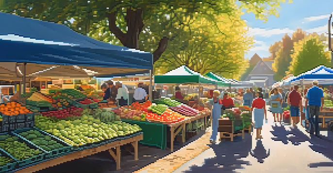 A lively farmer's market with colorful fruits and vegetables on display, local farmers interacting with shoppers under dappled sunlight.