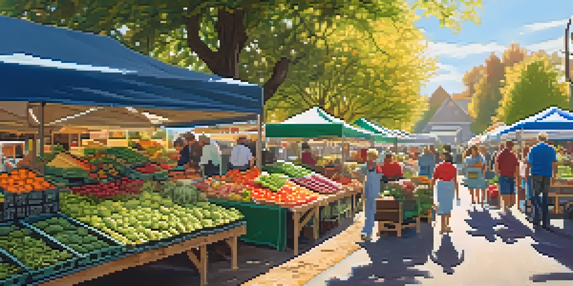 A lively farmer's market with colorful fruits and vegetables on display, local farmers interacting with shoppers under dappled sunlight.