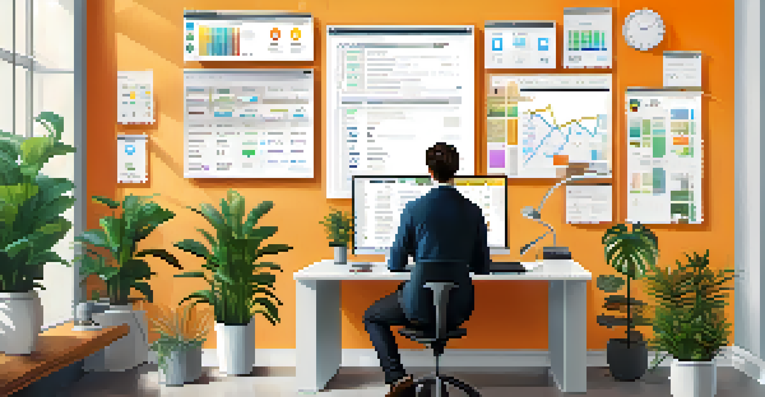 A person interacting with a smartphone displaying productivity apps, set in a bright and modern office environment.