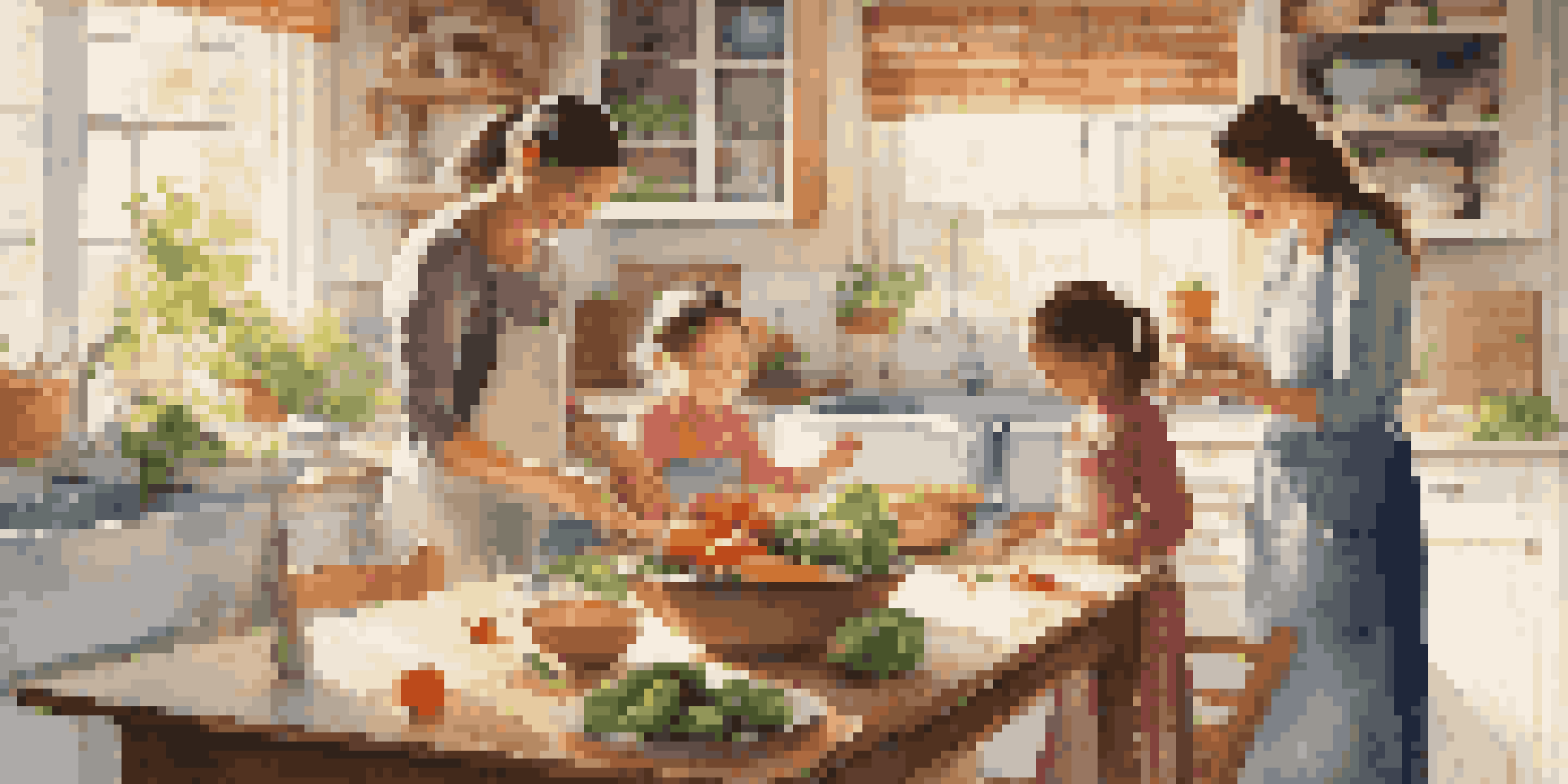 A family happily cooking together in a bright kitchen filled with fresh vegetables and fruits.