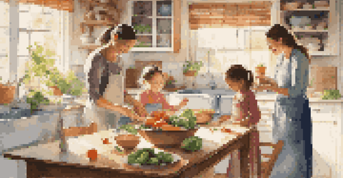 A family happily cooking together in a bright kitchen filled with fresh vegetables and fruits.