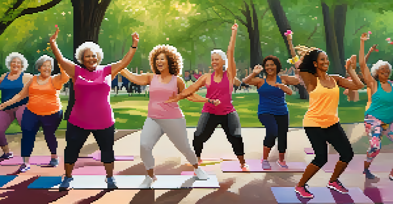A group of middle-aged women dancing in a park, enjoying a class together.