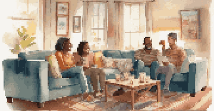 A group of friends laughing together in a cozy living room while watching a movie, with warm lighting and cheerful decor.