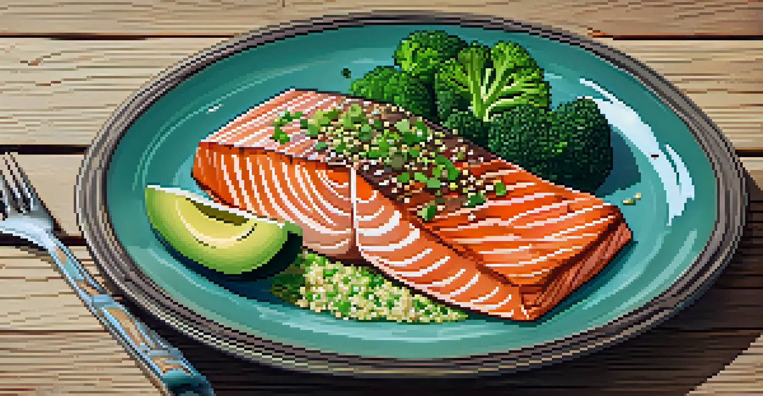 A close-up of a vibrant plate with grilled salmon, quinoa, and vegetables, showcasing a healthy meal.