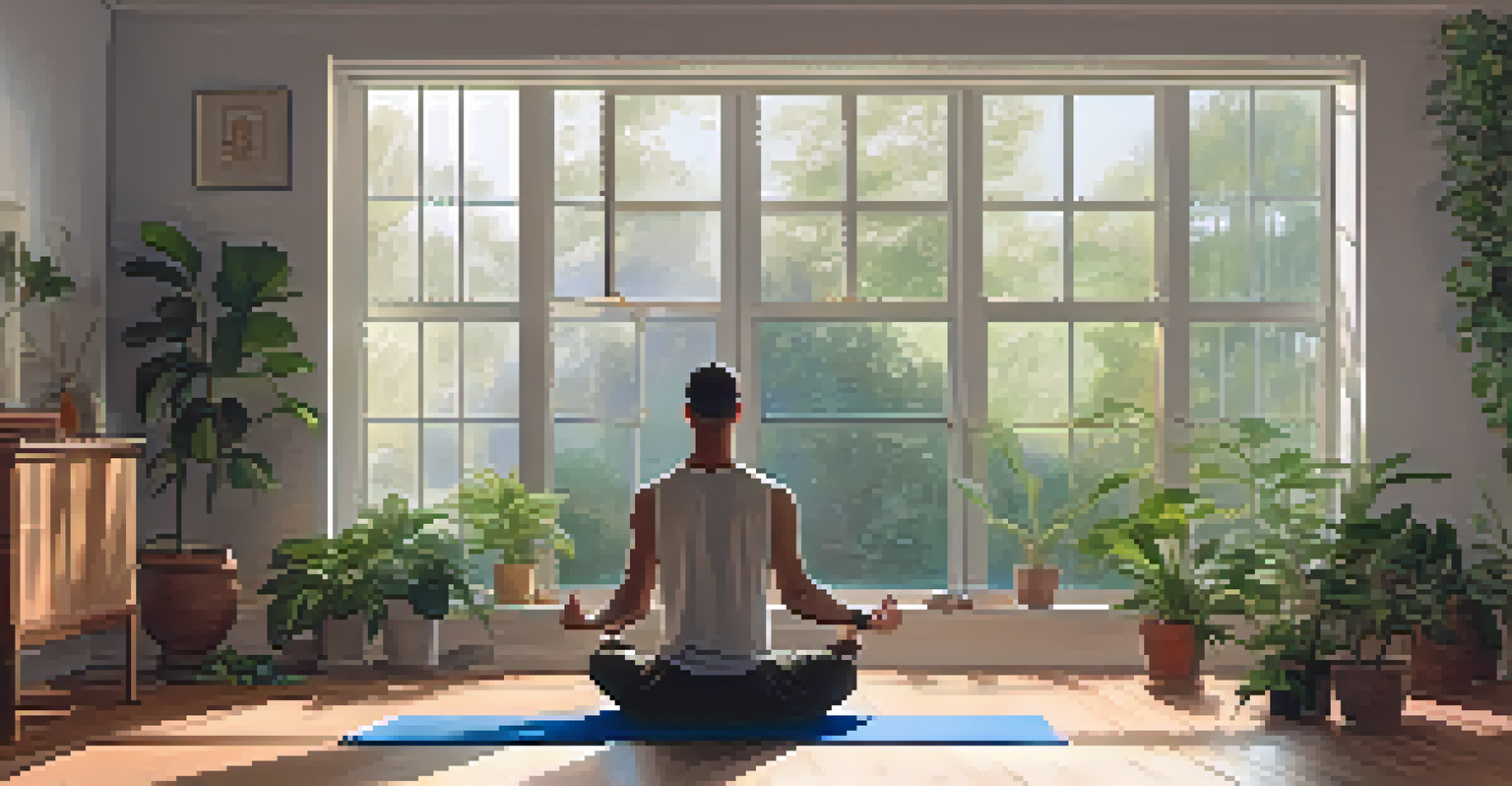 A man practicing mindfulness or meditation indoors, surrounded by soothing decor and plants.